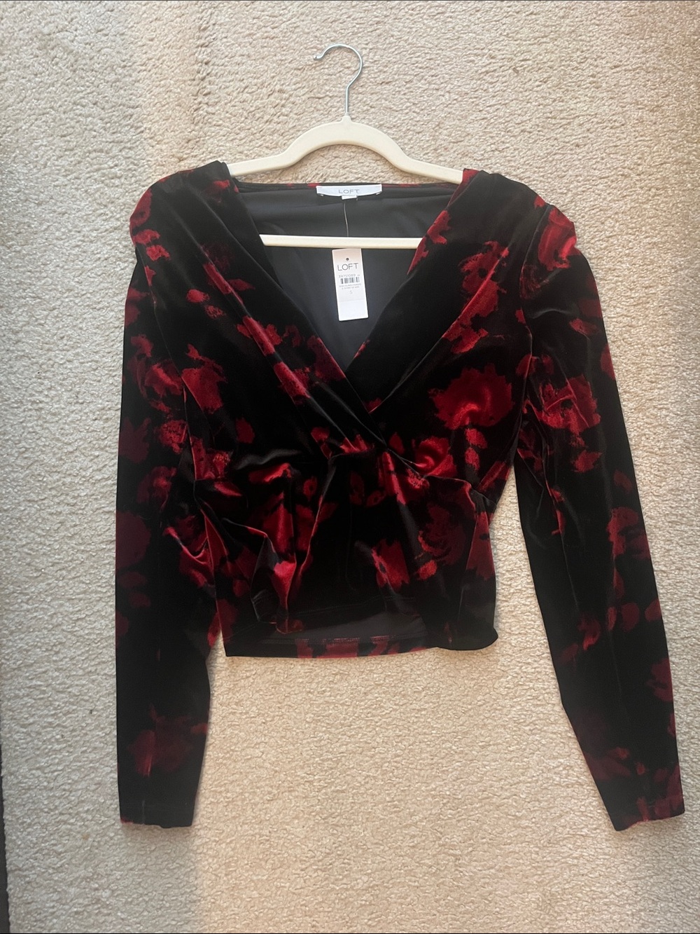 LOFT Black Velvet Wrap Top with Red Floral Burnout